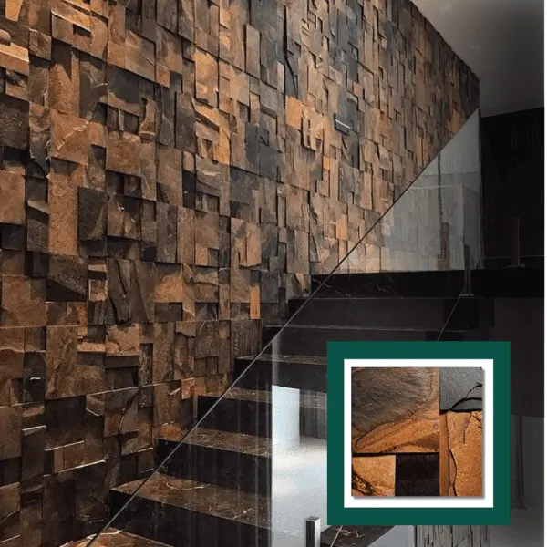 Sala de estar com parede em Pedra Ferro clara